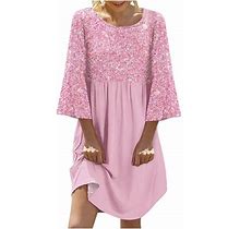 Odeerbi Dresses For Women 2024 Casual Dresses Erogenous Round Neck Three Quarter Sleeve Printed Patchwork Dress Mini Dresses Pink