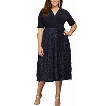 Alex Evenings Women's Plus Size Tea Length Dress With Rosette Detail