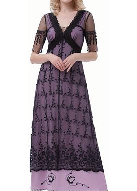 Contrast Lace V Neck Maxi Dress, Vintage Short Sleeve Lace Up Back Tea Party Dress, Women's Clothing,Violet,All-New,By Temu