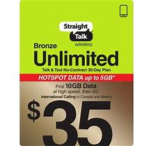 Straight Talk $35 Bronze Unlimited Talk & Text 30-Day Prepaid Plan (10GB Of Data At High Speeds Then 2G) With 5GB Data Hotspot Enabled + Int L Callin