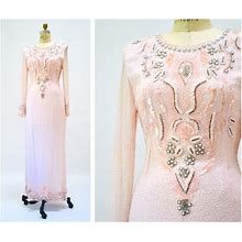 80S 90S Glam Vintage Pink Beaded Gown Dress Size Small Medium// 80S 90S Vintage Pink Silver Beaded Pageant Wedding Gown Dress Long Sleeves