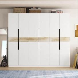 White Wood 94.4 in. W 6-Door Bedroom Armoire Large Wardrobe Closet Cabinet With 5 Hanging Rods, Drawers, Storage Shelf