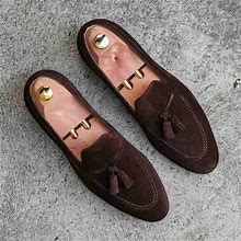 Handmade Loafer Style Dark Brown Color Tassel Slip On Men Suede