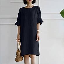 Finelylove Cami Dress For Women Mini Summer Dress V-Neck Solid Short Sleeve A-Line Navy