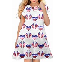 Wedding Guest Dresses Baby Girls Bridesmaids Fourth Of July Independent Day Star Stripes Prints Short Sleeves Elegant Dress Pink 130 5Y-6Y