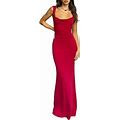 Suity Women's Satin Bow Long Dress Sleeveless Backless Solid Color Cocktail Dress Formal Gown