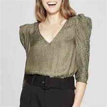 A Day Women's Leopard Print Elbow Sleeve V-Neck Olive Blouse