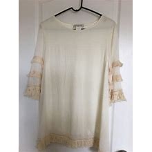 Paisley Vine Ivory Dress Tiered Tasseled 3/4 Sleeves Polyester Sz S