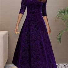Print Applique Dress, Women's Solid Elegant V Neck Flared Spring Fall Women's Clothing Long Sleeve Dress,Purple,Must-Try,Temu