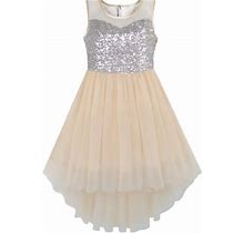 Girls Dress Beige Sequined Tulle Hi-Lo Wedding Party Dress 12 Years