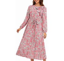 Dkinjom Women's Mid Length Pleated Long Sleeved Floral Dress Vintage Bow Dress