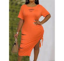 Plus Size Solid Color Hollow Out Pleated Slit Dress,0XL