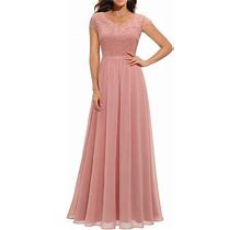 Wybzd Women Lace Sheer Patchwork Dress V-Neck Short Sleeve High Waist Double-Layer Maxi Party Dress Pink S