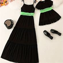Stylish Stripe Pattern Long Dresses For Mom And Me, Trendy Parent - Child Outfit,Black,Affordable,Temu