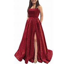 Grab A Dress Prom Dresses Long Plus Size A Line With Pockets Formal Evening Ball Gowns Side Slit Glitter Party Dress 2023 Steel