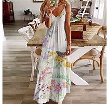 Womens Plus Size Dresses Women Casual Plus Size Flowers Butterfly Print V-Neck Sleeveless Maxi Long Dress