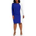 Kasper Women's Plus Size Quinn Long-Sleeve Ruched Colorblocked Sheath Dress (Royal Blue/White, 3X)