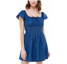 Planet Gold Womens Blue Denim Tie Smocked On & Off Shoulder Flutter Sleeve Square Neck Mini Fit + Flare Dress Juniors XS