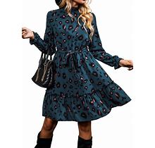 CUPSHE Women's A-Line Mini Dress Flowy Swing Leopard Print Long Sleeve High Neck Ruffle Fall Dress