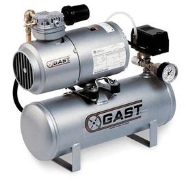 Gast Electric Air Compressor: 0.17 Hp, 1 Stage, Hot Dog, 2 Gal Tank, 0.9 Cfm, 50 Psi Max Op Pressure Model: 1LAA-251T-M100X