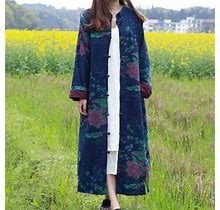 Women's Maxi Floral Loose Cotton Linen Casual Dress Dust Coat Cardigan Jacket