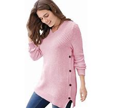 Plus Size Women's Side Button V-Neck Waffle Knit Sweater By Woman Within In Pink (Size 14/16) Pullover