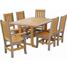 Finch Amish Poly Natural Teak Patio Dining Set - Coastal Grey Trim - 60in Rectangular Table - 6 Chairs - Earth Friendly & Handcrafted - Umbrella Hole