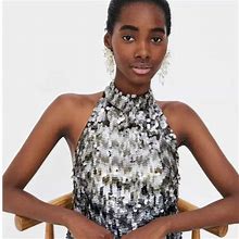 Zara Dresses | Nwt Zara Knit Ombre Sequin Halter Dress Size M | Color: Black/Gray | Size: M