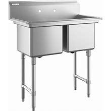 Regency 37" 16 Gauge Stainless Steel Two Compartment Commercial Sink With Stainless Steel Legs And Cross Bracing - 15" X 15" X 12" Bowls