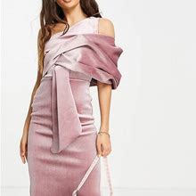 ASOS PETITE Asos Design Petite Velvet Peekaboo Shoulder Tuck Midi Pencil Dress In Rose Pink