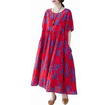 Women Vintage Dress Floral Print Pockets -Calf Loose O-Neck Short Sleeves Dress Plus Size Casual
