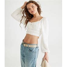 Aeropostale Womens' Long Sleeve Tie-Front Ruffled Crop Top - White - Size XL - Rayon - Teen Fashion & Clothing - Shop Spring Styles