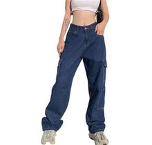 Wybzd Baggy Cargo Pants For Women Y2k Aesthetic Straight Wide Leg Trousers Denim Pants Loose Jeans 90S Streetwear Blue S
