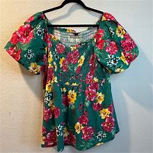 Torrid Tops | Womens Torrid Green Floral Smocked Short Sleeve Blouse Size 1X | Color: Green/Pink | Size: 1X