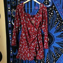 Forever 21 Dresses | Maroon Ruched Ruffled Floral Long Sleeve Dress | Color: Blue/Red | Size: L