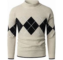 Mens Long Sleeve Turtleneck For Men Slim Fit Mock Turtleneck Pullover Sweater Argyle Sweater Contrast Striped Knitwear