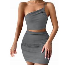 Odeerbi Solid Color Dress For Women 2024 Solid Color Fashion Design Hip Drawstring One-Shoulder Short Dress Gray