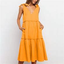 Summer Savings Clearance 2024! Tagold Womens Summer Dresses, Women's Sun Dress Solid Color Dress Summer Strap Dress A Line Midi Dress Yellow S