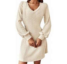 Women's Long Sleeve Fashionable Solid V Neck Knit Dress Warm Temperament Skirt Sweater Dresses For Women Petite Sizes Knit Sleeve Fall Long Dresses Fo