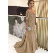 Sheath V-Neck Tulle Taupe Long Mother Of The Bride Dress 2024