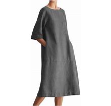 Feancey Women Summer Cotton Linen Dress Half Sleeve Solid Color Kaftan Midi Dresses Crew Neck Baggy Dress With Pocketsgrayl