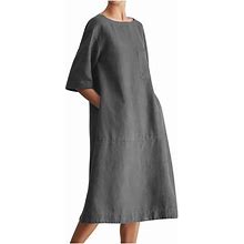 Loopsun Womens Summer Dresses, Cotton And Linen Crew Neck Half Sleeve Solid Fashion Loose Midi Dress Gray