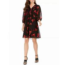 Calvin Klein Petite Floral-Print Pleated Chiffon Dress Black/Red Size:6P