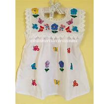 Floral And Butterlies Embroidery Mexican Dress Baby, White Mexican Tunic, Boho Hippie Baby Dress, Colorful Embroidered Dress, Baby Outfit
