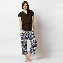 MUK LUKS Island Beauty Short Sleeve Henley And Cropped Pant Black Print XS