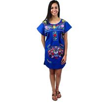 Mexican Dress Puebla Short Mini Summer Dress | For Women Sizes S-XL | Multi Color Hand Embroidery Royal Blue (Size: Small) | By Leos Imports