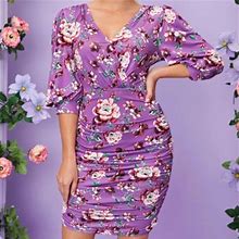 Shein Dresses | Gathered Floral Print Spring/Summer Dinner Date Dress | Color: Purple/White | Size: Xs
