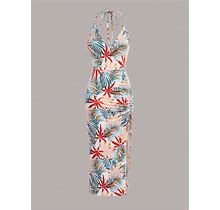 Women's Tropical Printed Halterneck Dress,L
