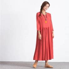 Linen Dresses For Women Linen Maxi Dress Long Sleeves Dress Spring Summer Loose Casual Pleated Shift Tunic Robes Plus Size Clothing A49