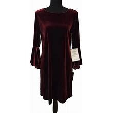 MSK Holiday NWT Maroon Wine Velveteen DRESS Shift Dress Bell Sleeve M Gothic NYE